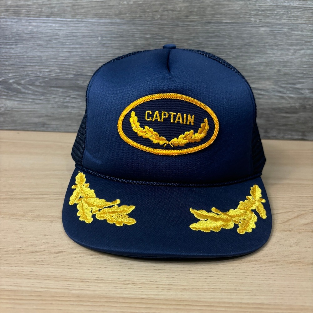 Vintage Captian Hat Cap Snapback Blue Trucker Yellow Wings Boating 80s